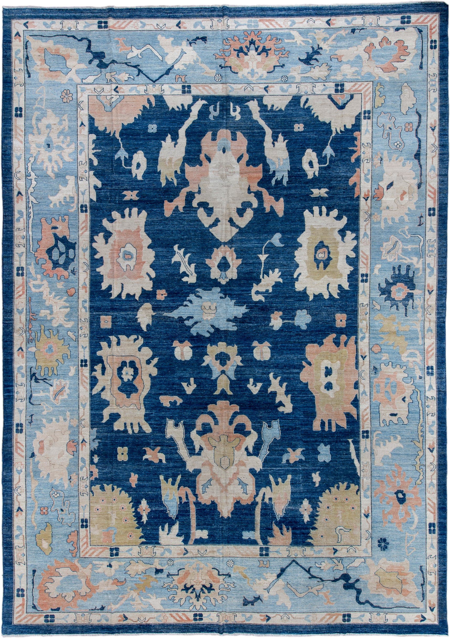 13' x 19' one-of-a-kind handmade vintage Oushak oversize rug. Color palette: navy, sky blue, ivory, blush, cream, beige