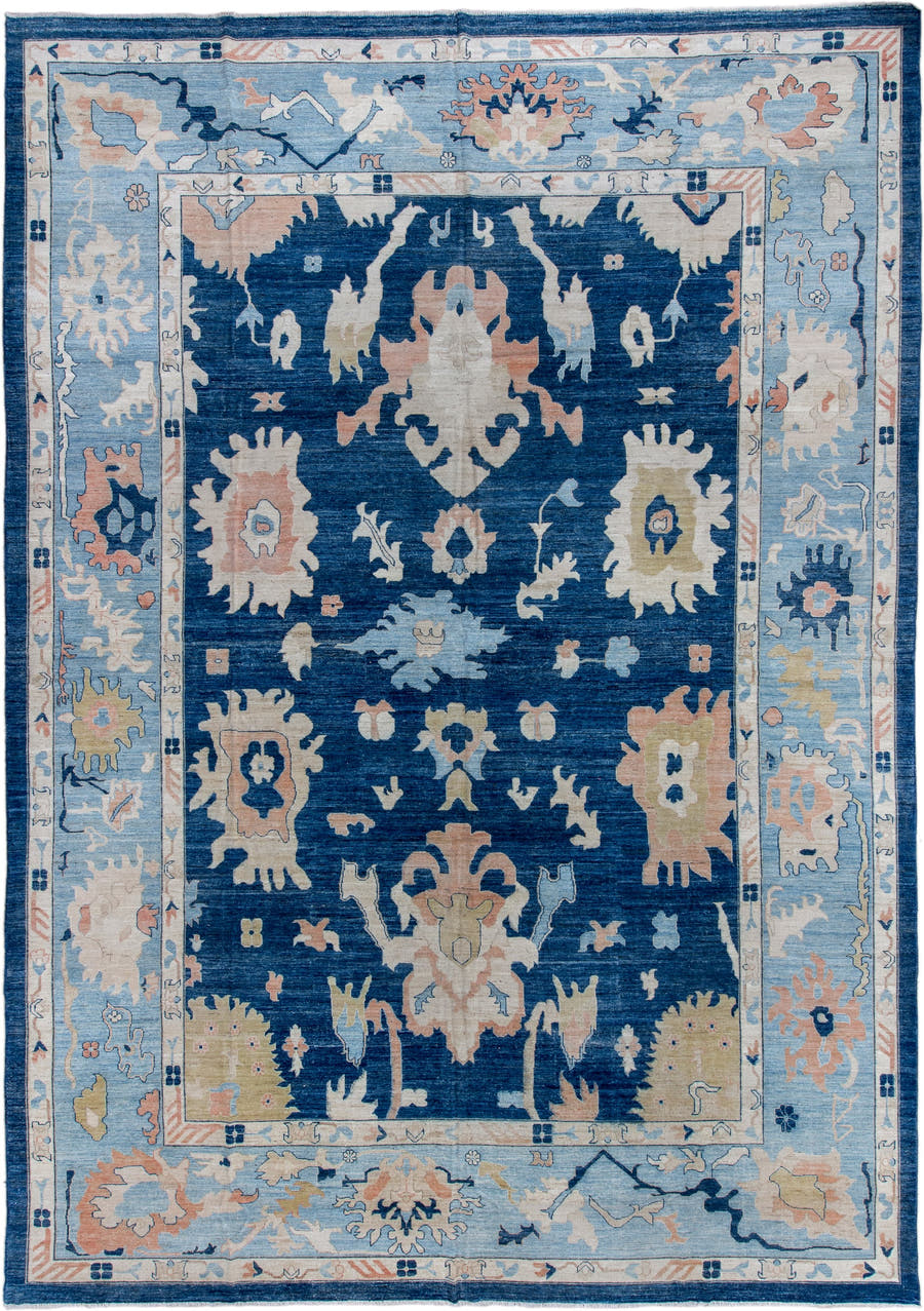 13' x 19' one-of-a-kind handmade vintage Oushak oversize rug. Color palette: navy, sky blue, ivory, blush, cream, beige