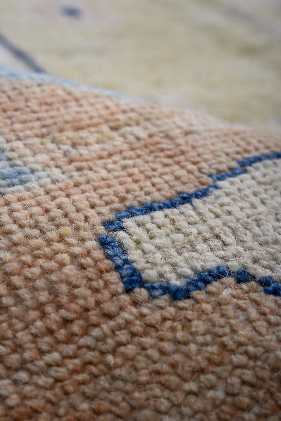 13' x 19' one-of-a-kind handmade vintage Oushak oversize rug. Color palette: navy, sky blue, ivory, blush, cream, beige