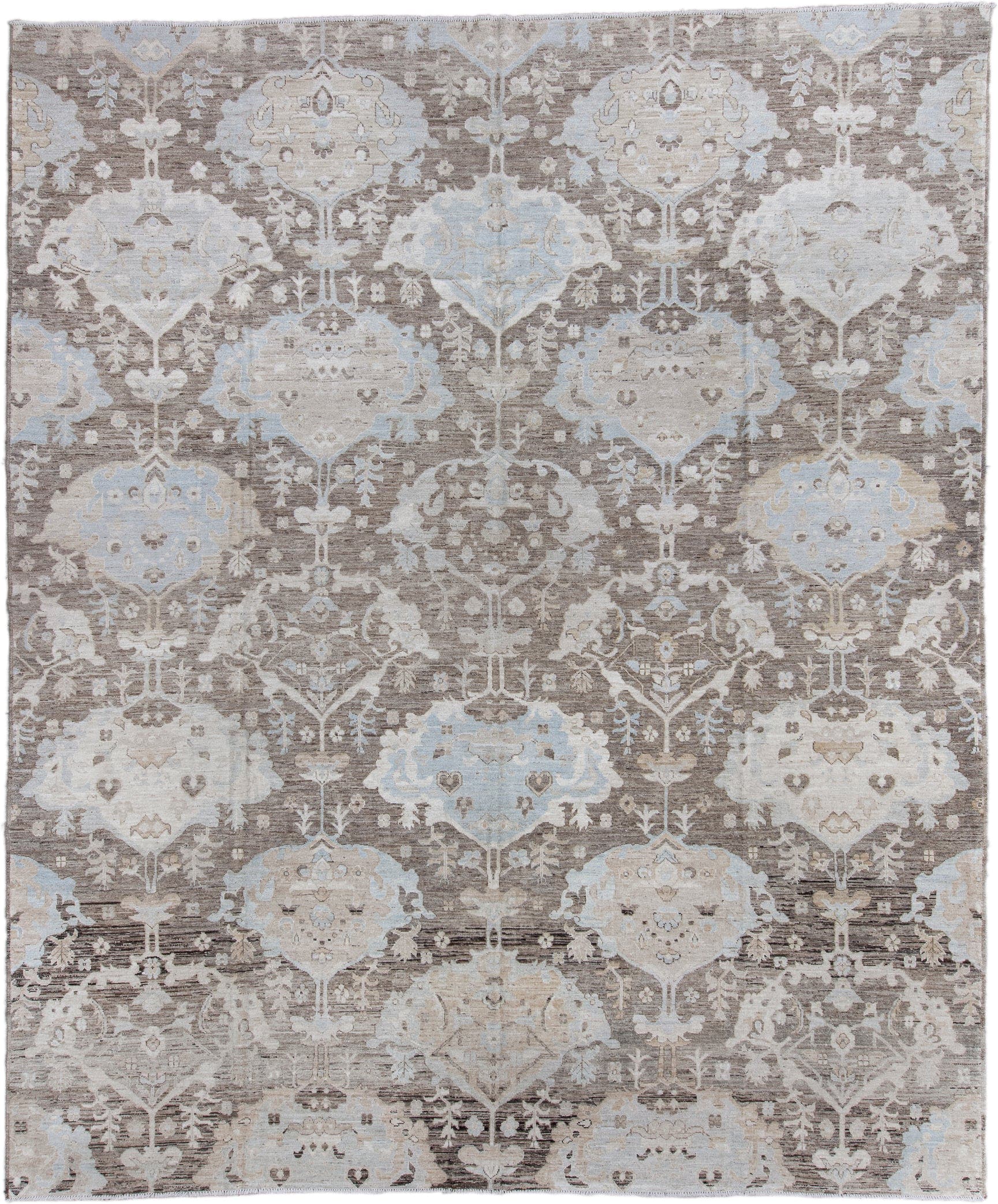 12' x 14' one-of-a-kind handmade vintage Oushak oversize rug. Color palette: taupe, ivory, pale_blue, cream, beige