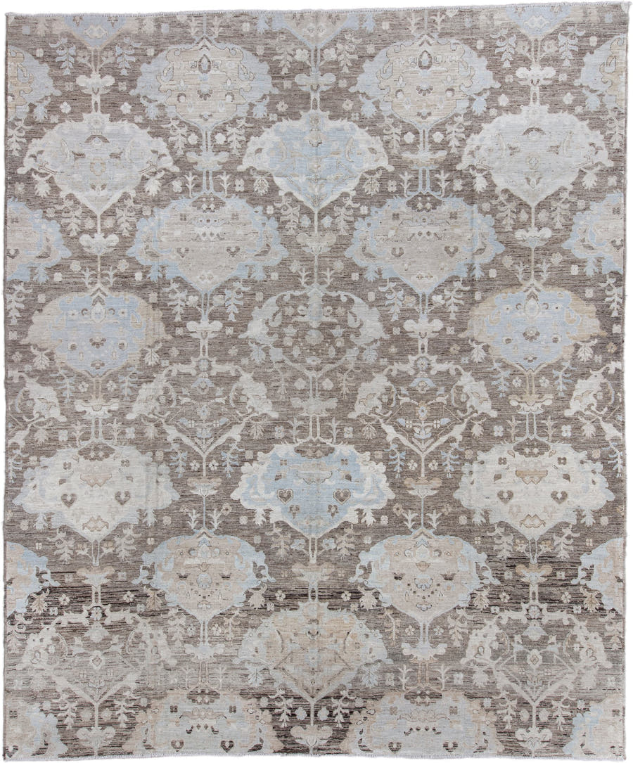 12' x 14' one-of-a-kind handmade vintage Oushak oversize rug. Color palette: taupe, ivory, pale_blue, cream, beige