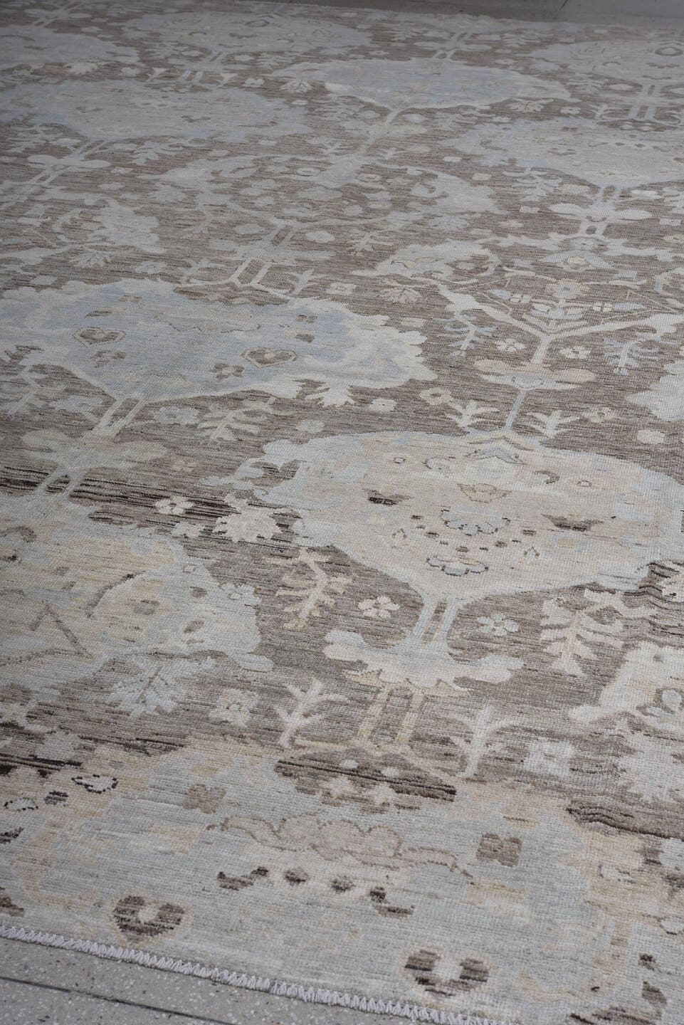 12' x 14' one-of-a-kind handmade vintage Oushak oversize rug. Color palette: taupe, ivory, pale_blue, cream, beige