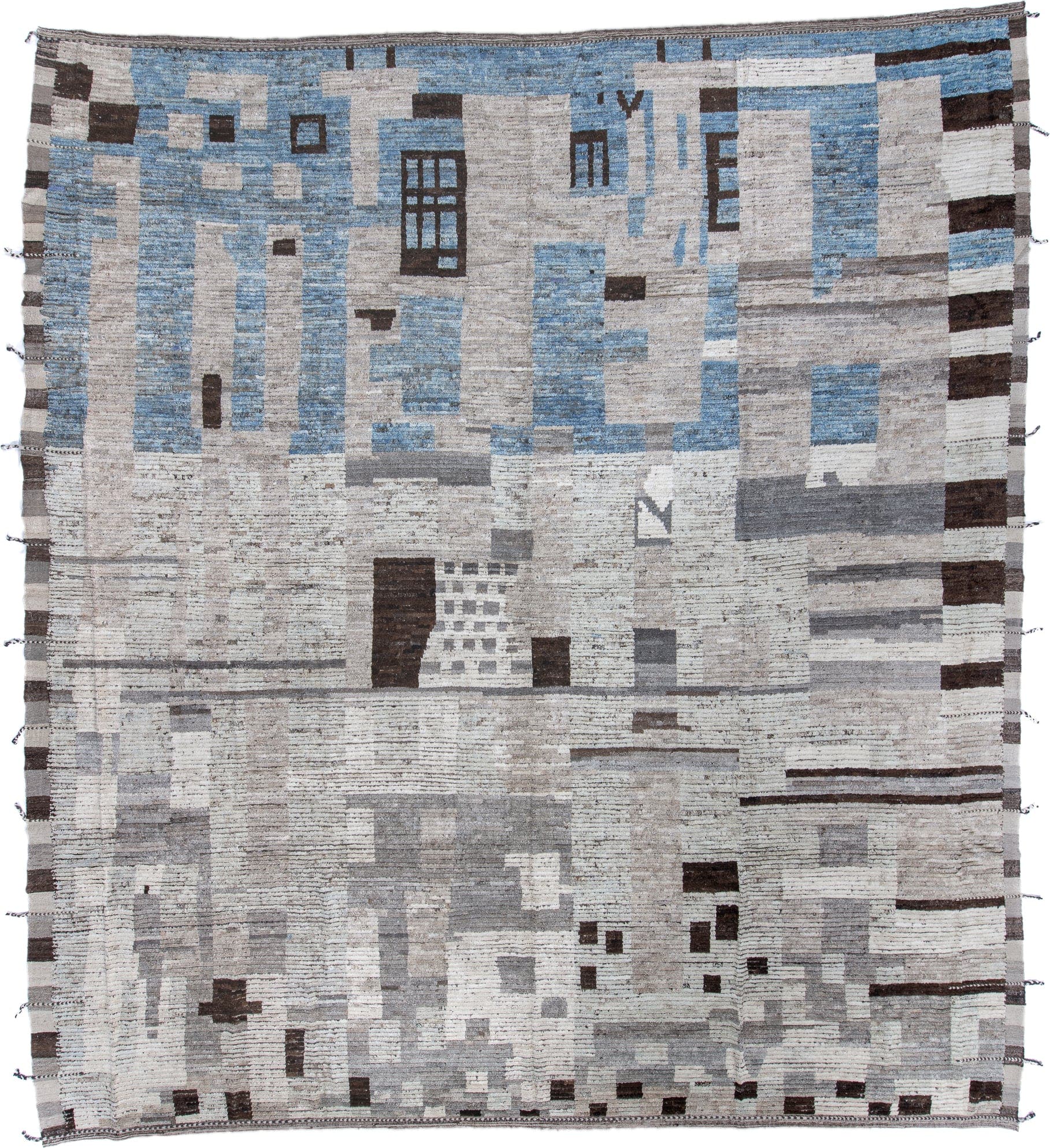 15' x 16' one-of-a-kind handmade vintage Tulu oversize rug. Color palette: gray, ivory, sky blue, charcoal, slate, taupe