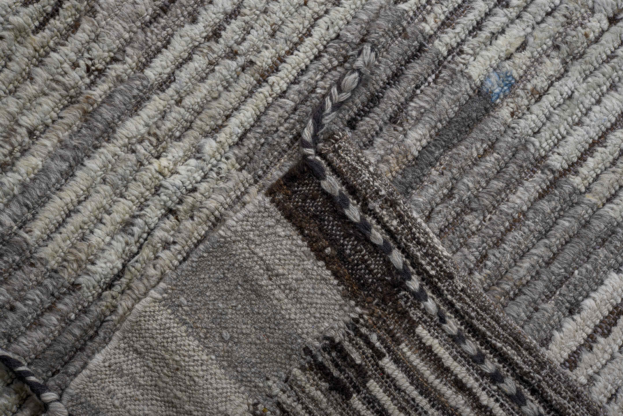 15' x 16' one-of-a-kind handmade vintage Tulu oversize rug. Color palette: gray, ivory, sky blue, charcoal, slate, taupe