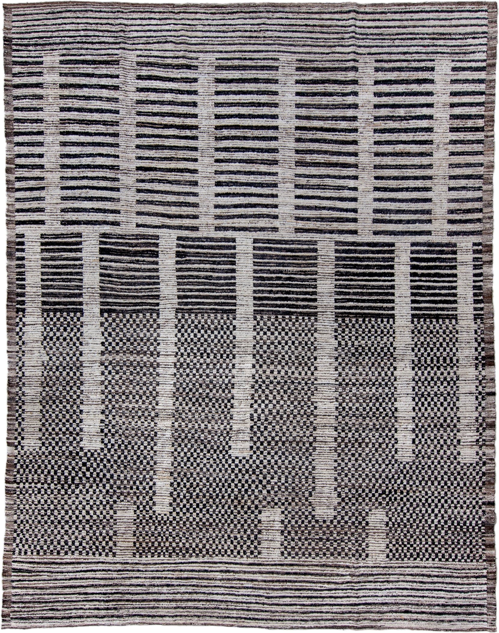 9' x 12' one-of-a-kind handmade vintage Tulu large size rug. Color palette: ivory, charcoal, brown, taupe, gray, black
