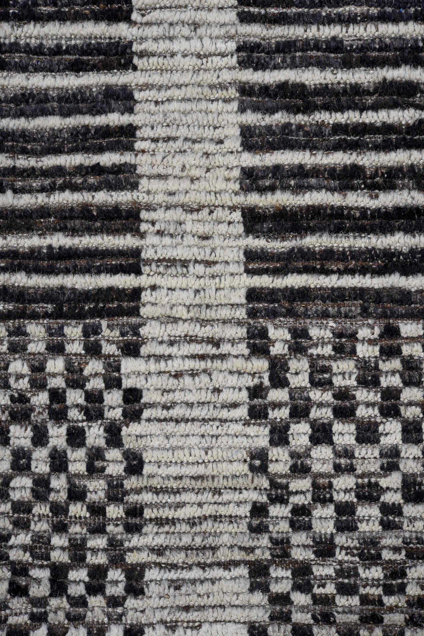 9' x 12' one-of-a-kind handmade vintage Tulu large size rug. Color palette: ivory, charcoal, brown, taupe, gray, black