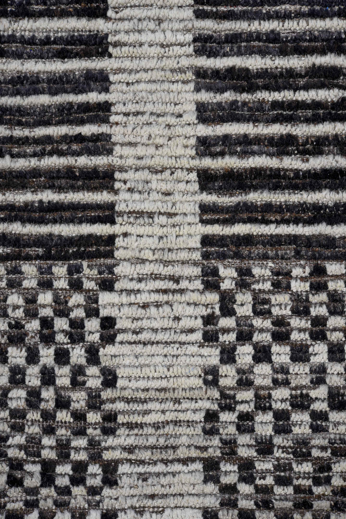 9' x 12' one-of-a-kind handmade vintage Tulu large size rug. Color palette: ivory, charcoal, brown, taupe, gray, black