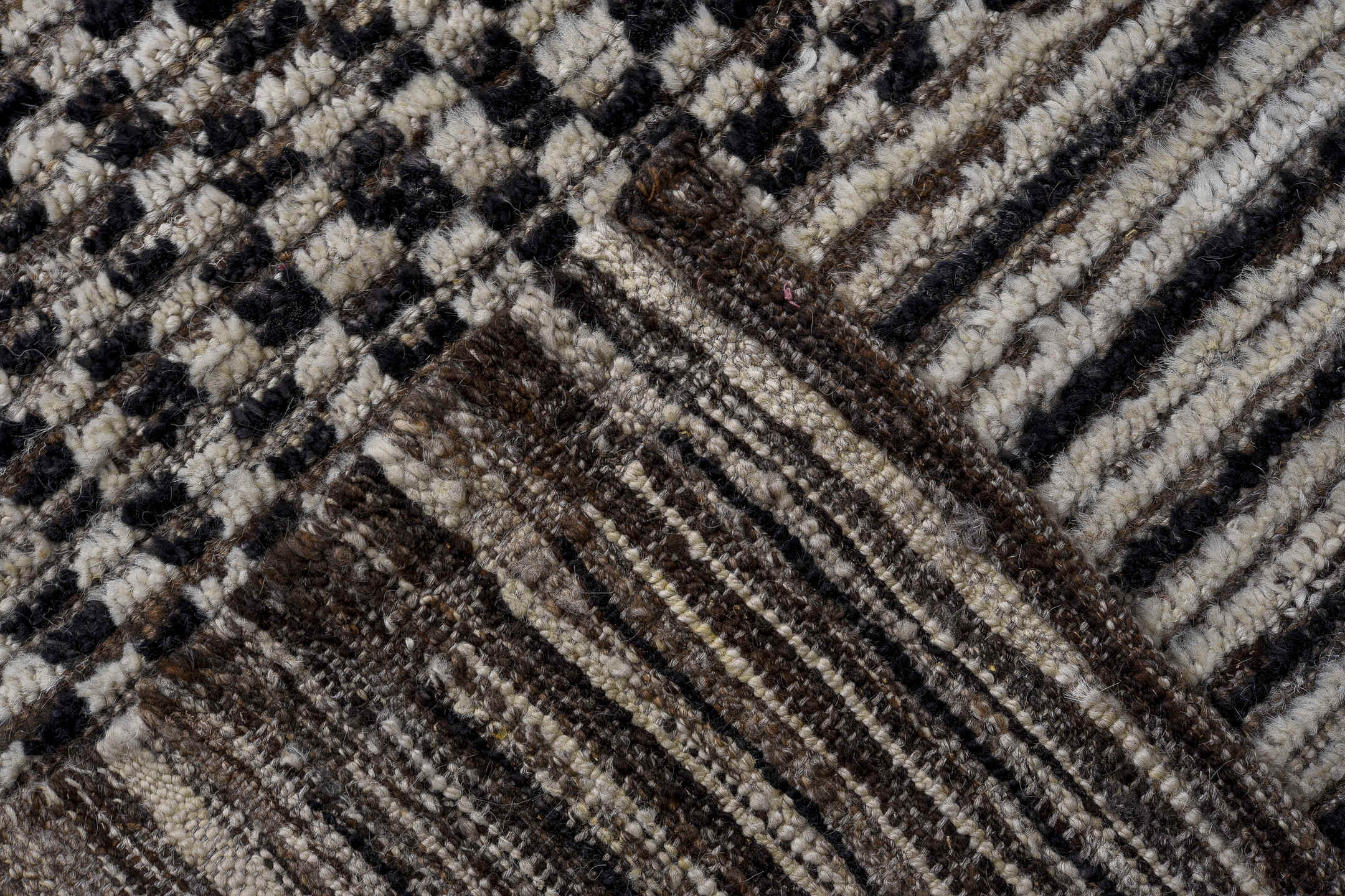 9' x 12' one-of-a-kind handmade vintage Tulu large size rug. Color palette: ivory, charcoal, brown, taupe, gray, black