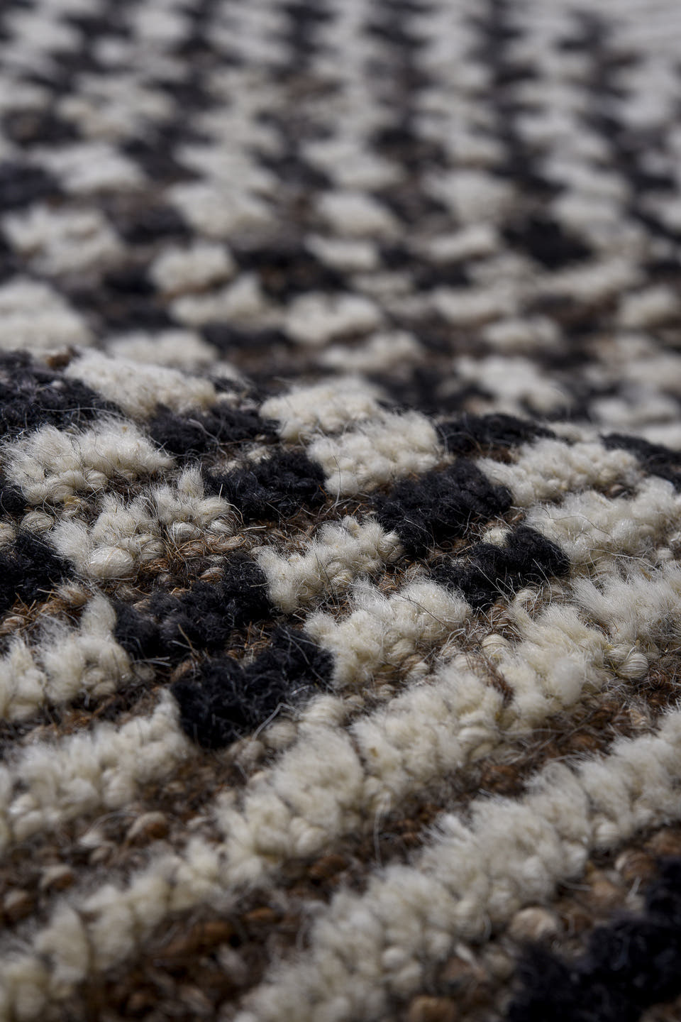9' x 12' one-of-a-kind handmade vintage Tulu large size rug. Color palette: ivory, charcoal, brown, taupe, gray, black