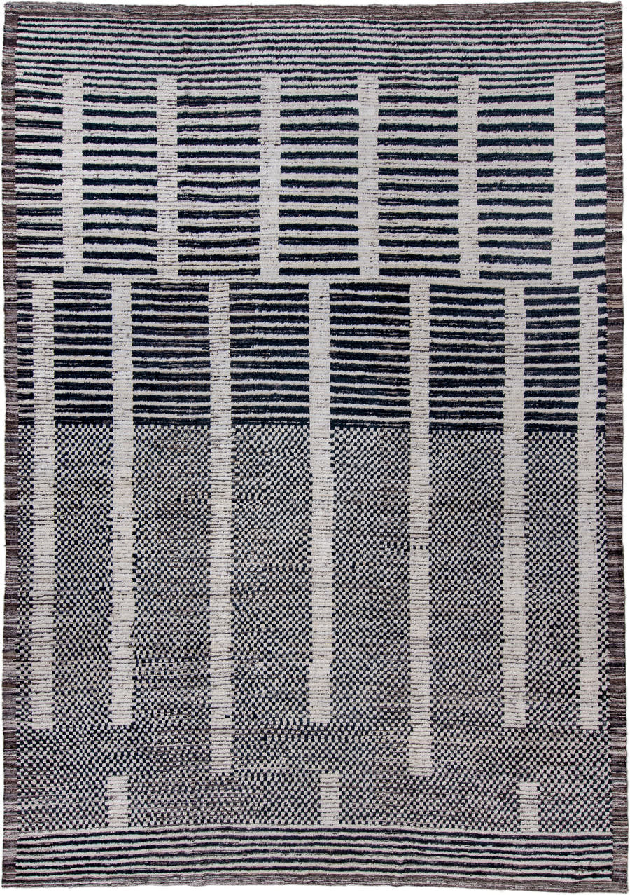 10' x 14' one-of-a-kind handmade vintage Tulu large size rug. Color palette: ivory, charcoal, slate, taupe, gray, black