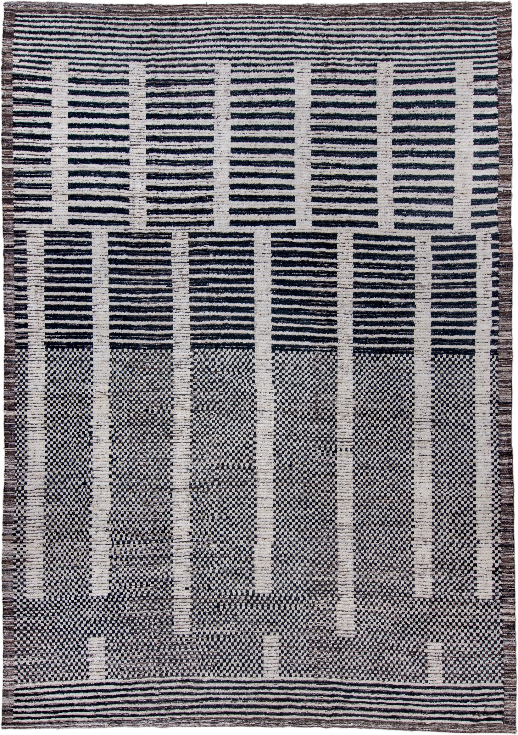 10' x 14' one-of-a-kind handmade vintage Tulu large size rug. Color palette: ivory, charcoal, slate, taupe, gray, black