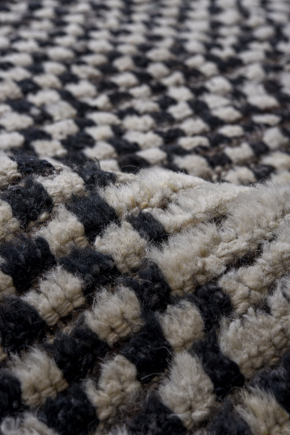 10' x 14' one-of-a-kind handmade vintage Tulu large size rug. Color palette: ivory, charcoal, slate, taupe, gray, black