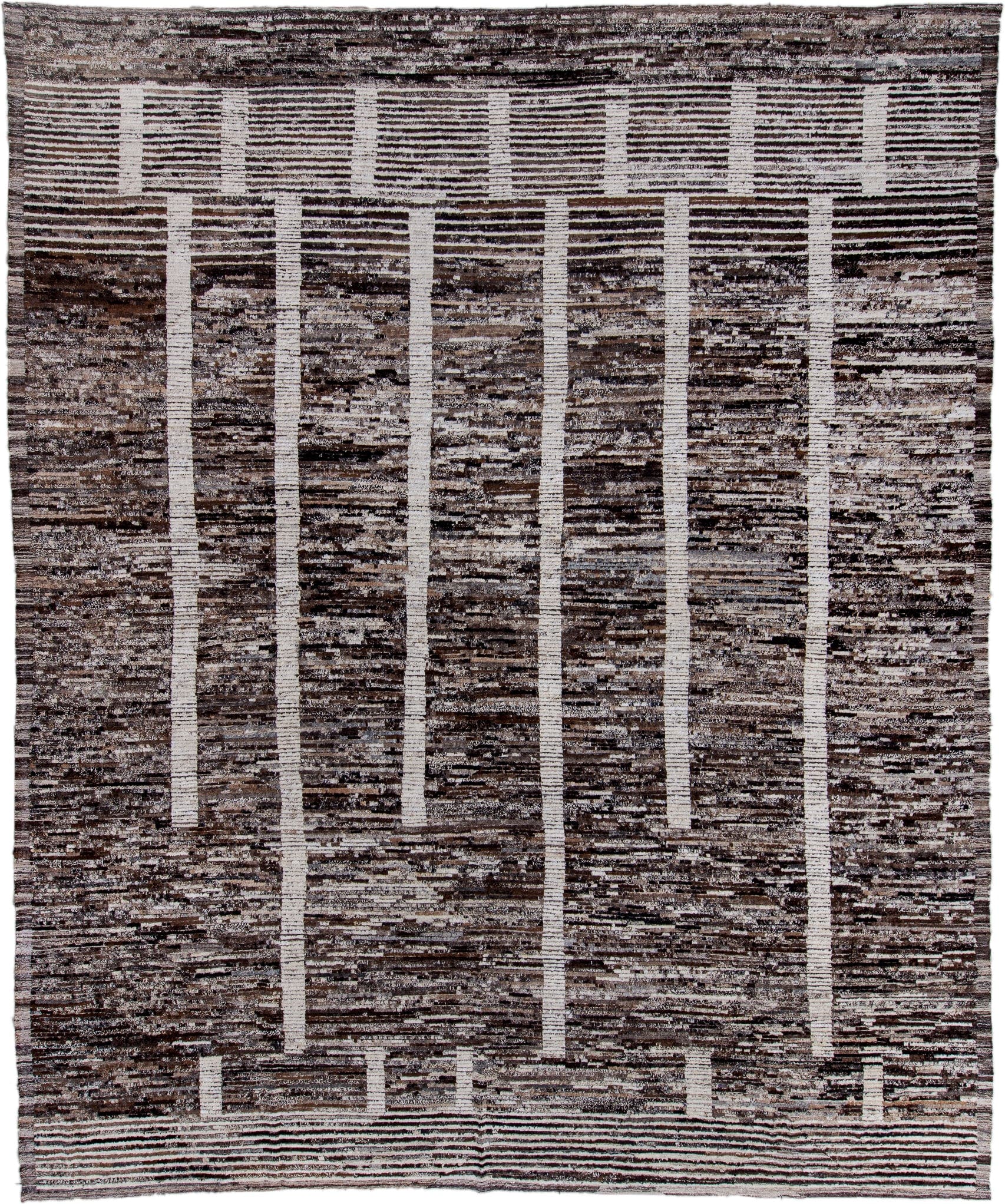 13' x 16' one-of-a-kind handmade vintage Tulu oversize rug. Color palette: charcoal, ivory, taupe, brown, slate, gray, black