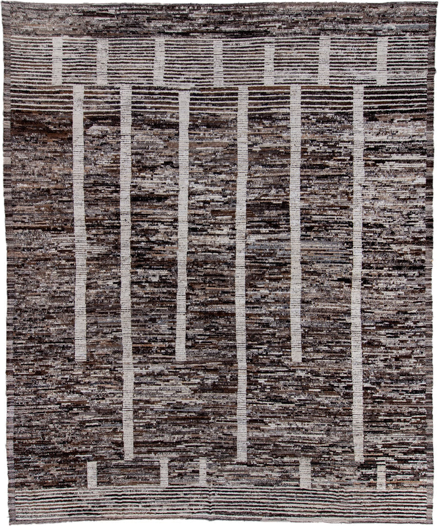 13' x 16' one-of-a-kind handmade vintage Tulu oversize rug. Color palette: charcoal, ivory, taupe, brown, slate, gray, black