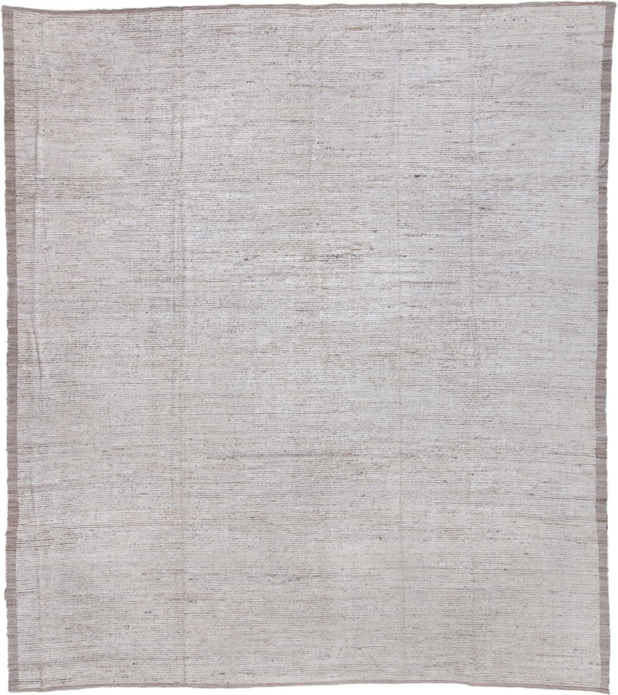 14' x 16' one-of-a-kind handmade vintage Tulu oversize rug. Color palette: ivory, taupe, cream, beige, gray