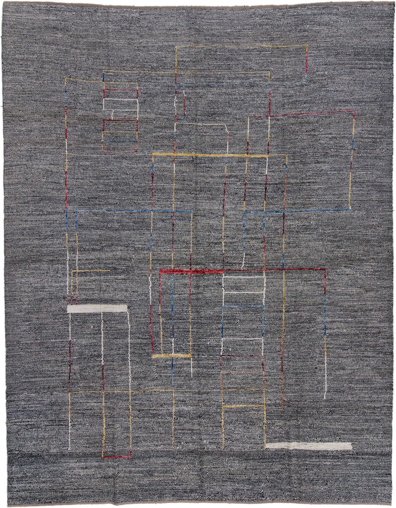 11' x 14' one-of-a-kind handmade vintage Tulu oversize rug. Color palette: charcoal, ivory, saffron, crimson, blue, taupe
