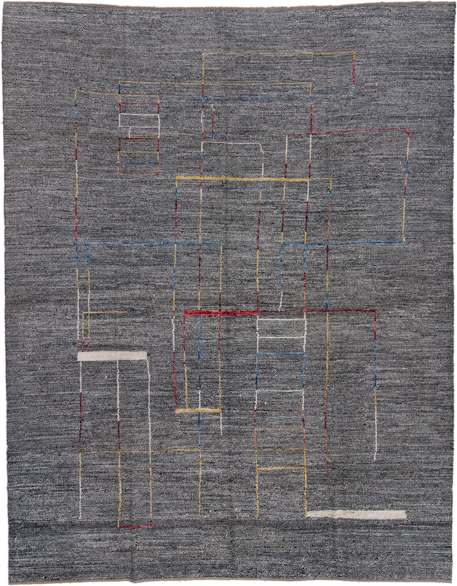 11' x 14' one-of-a-kind handmade vintage Tulu oversize rug. Color palette: charcoal, ivory, saffron, crimson, blue, taupe
