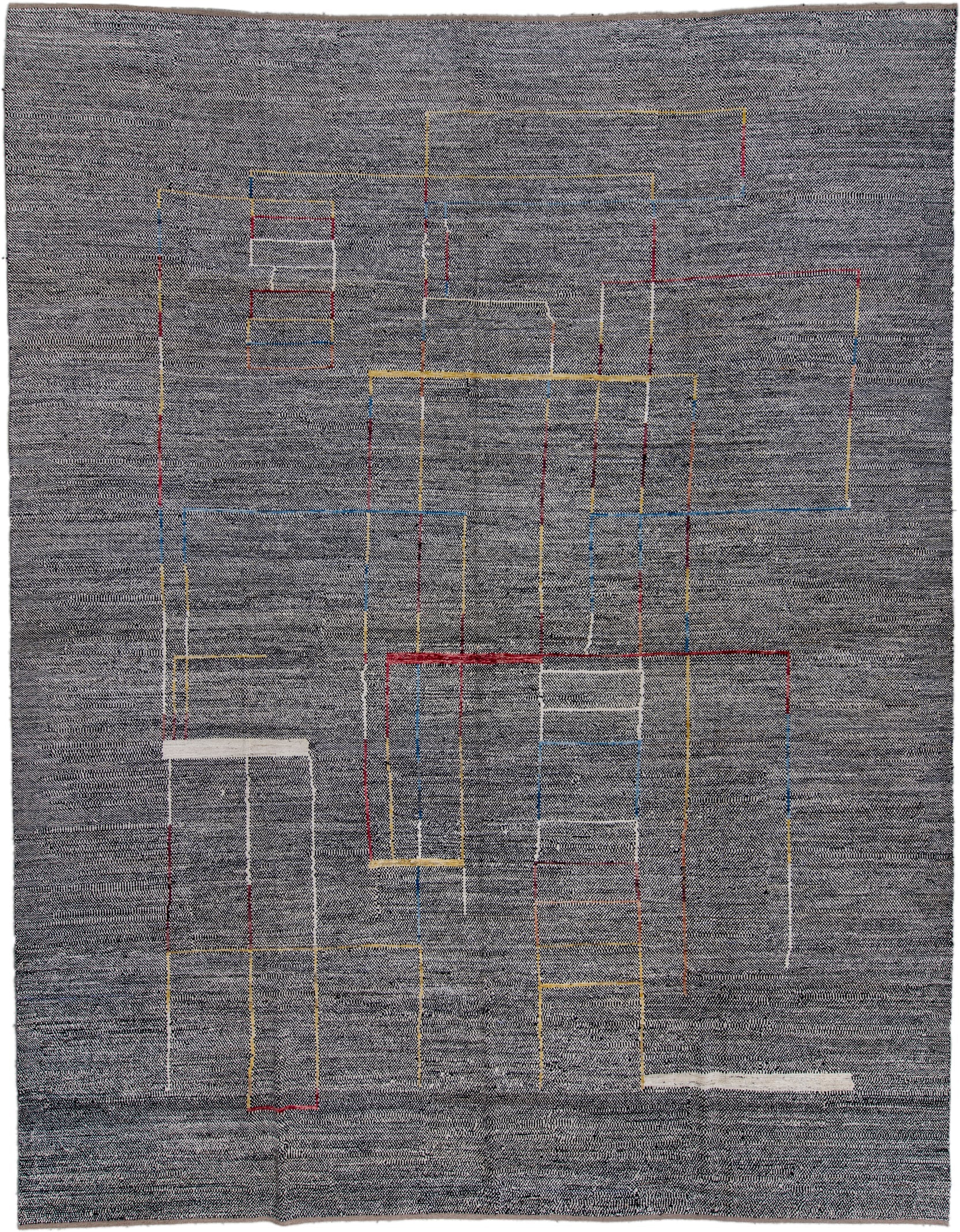 11' x 14' one-of-a-kind handmade vintage Tulu oversize rug. Color palette: charcoal, ivory, saffron, crimson, blue, taupe
