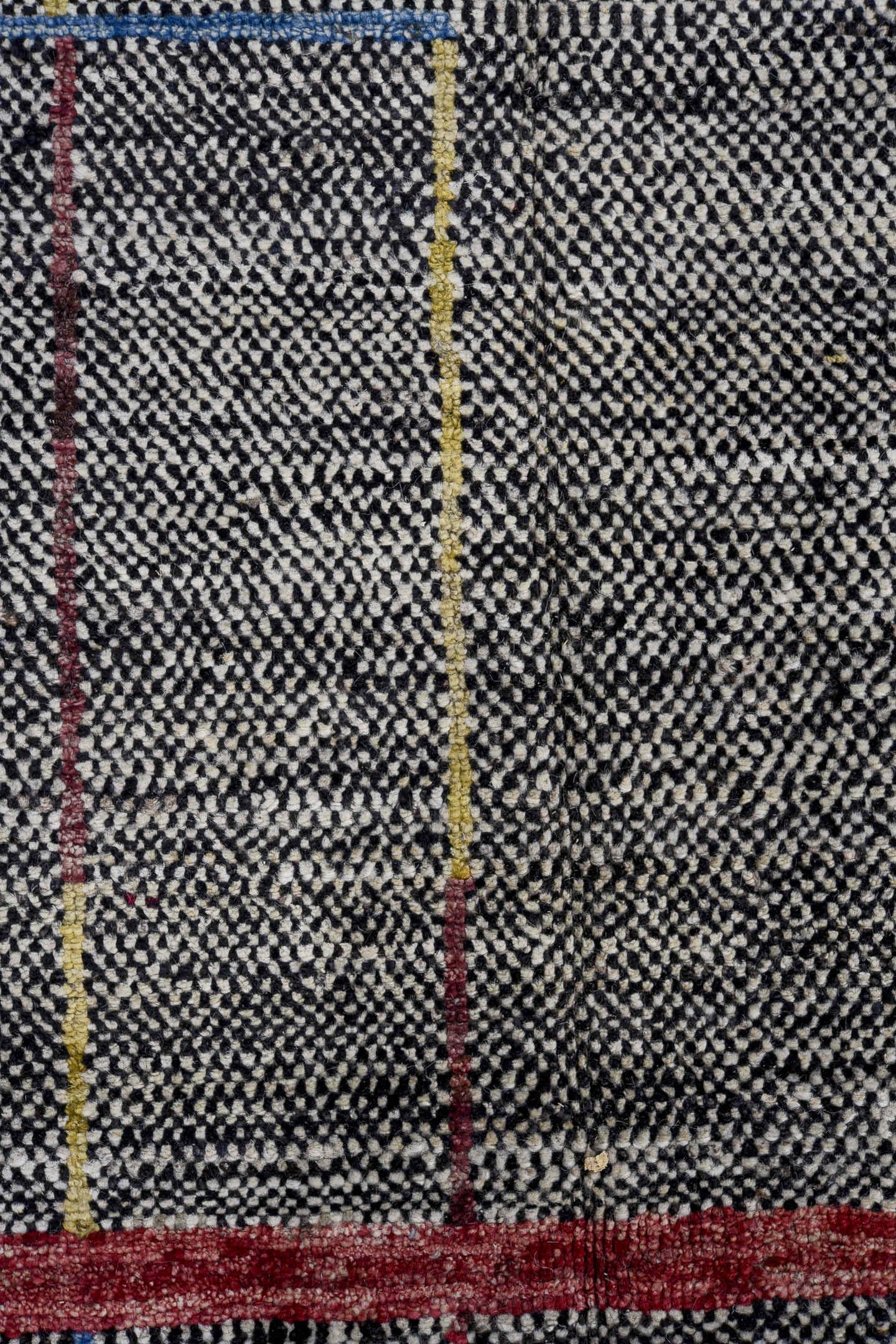 11' x 14' one-of-a-kind handmade vintage Tulu oversize rug. Color palette: charcoal, ivory, saffron, crimson, blue, taupe