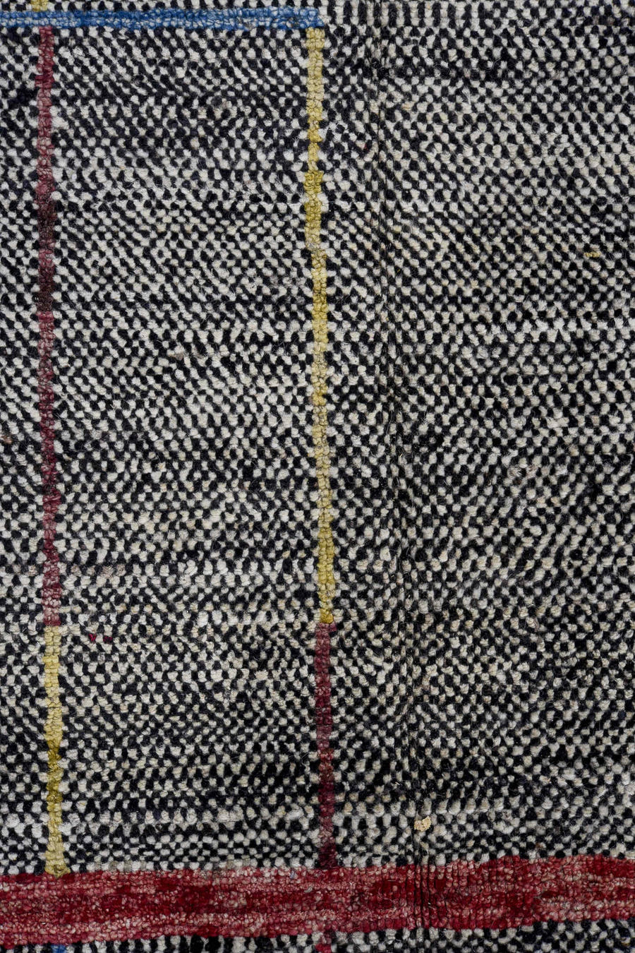 11' x 14' one-of-a-kind handmade vintage Tulu oversize rug. Color palette: charcoal, ivory, saffron, crimson, blue, taupe