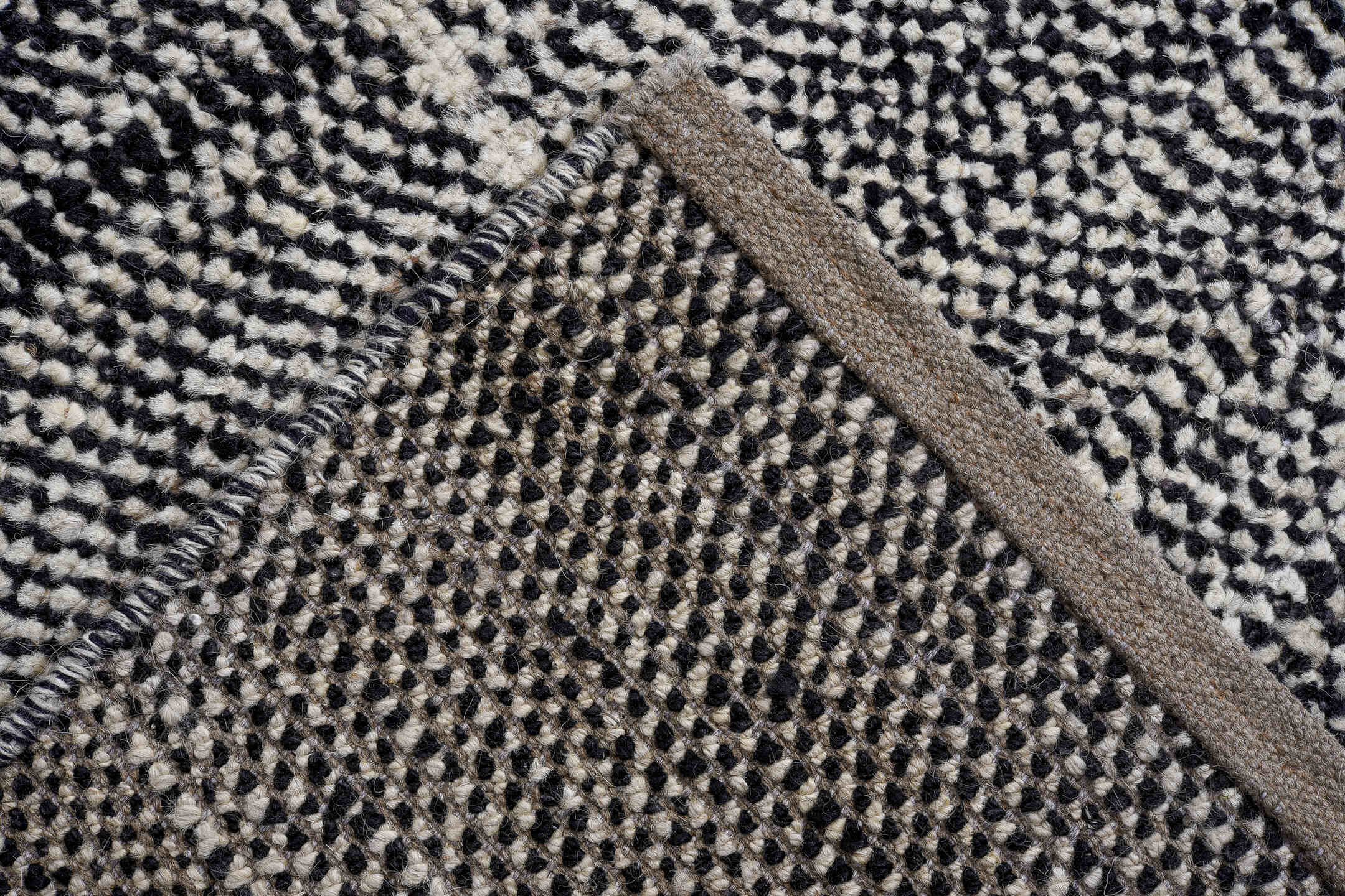 11' x 14' one-of-a-kind handmade vintage Tulu oversize rug. Color palette: charcoal, ivory, saffron, crimson, blue, taupe
