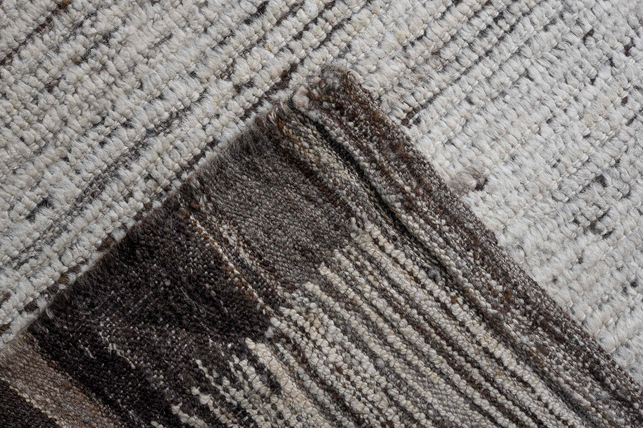 13' x 16' one-of-a-kind handmade vintage Tulu oversize rug. Color palette: ivory, charcoal, taupe, brown, gray, black, beige