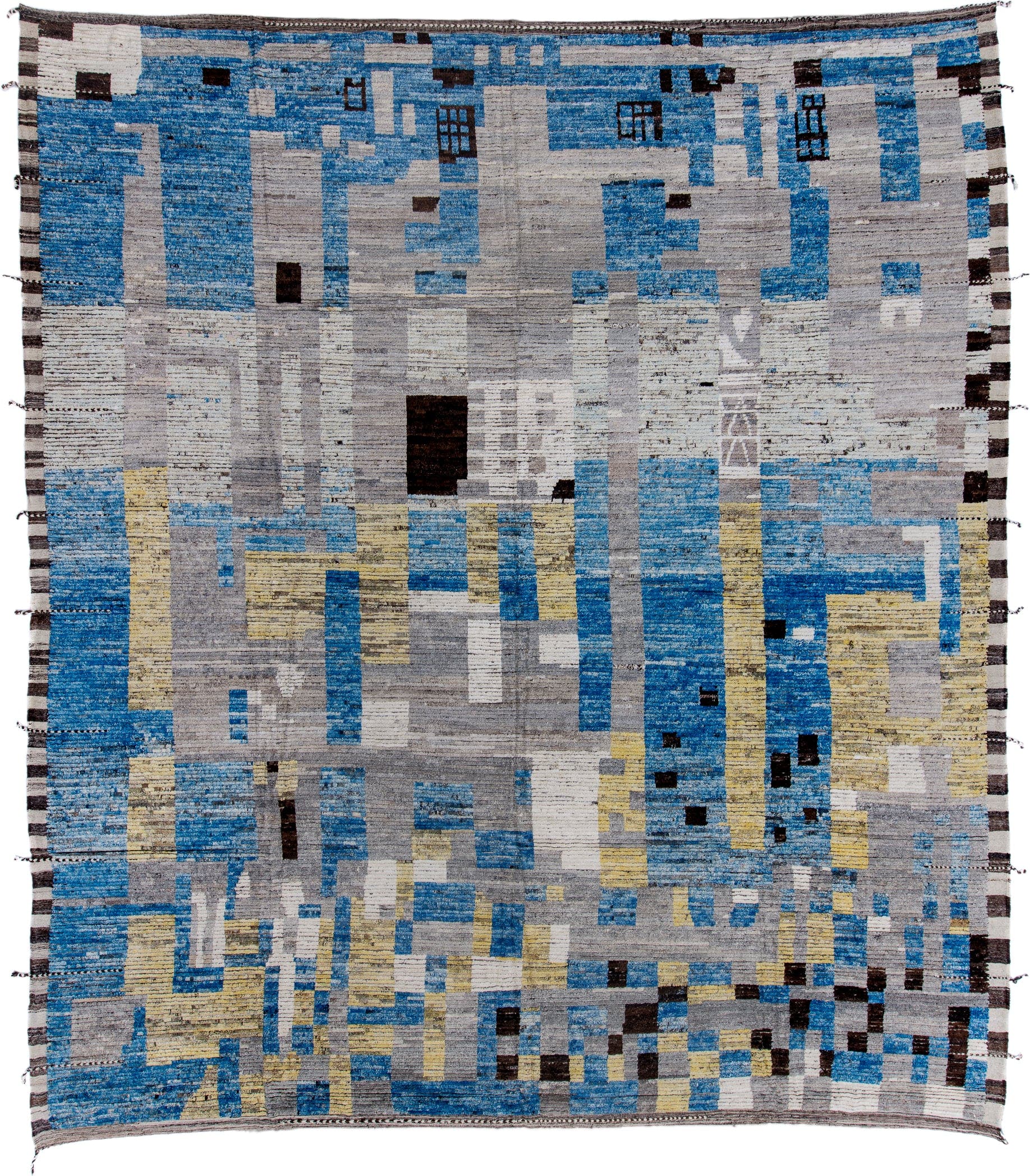 14' x 16' one-of-a-kind handmade vintage Tulu oversize rug. Color palette: gray, blue, ivory, soft yellow, charcoal, white