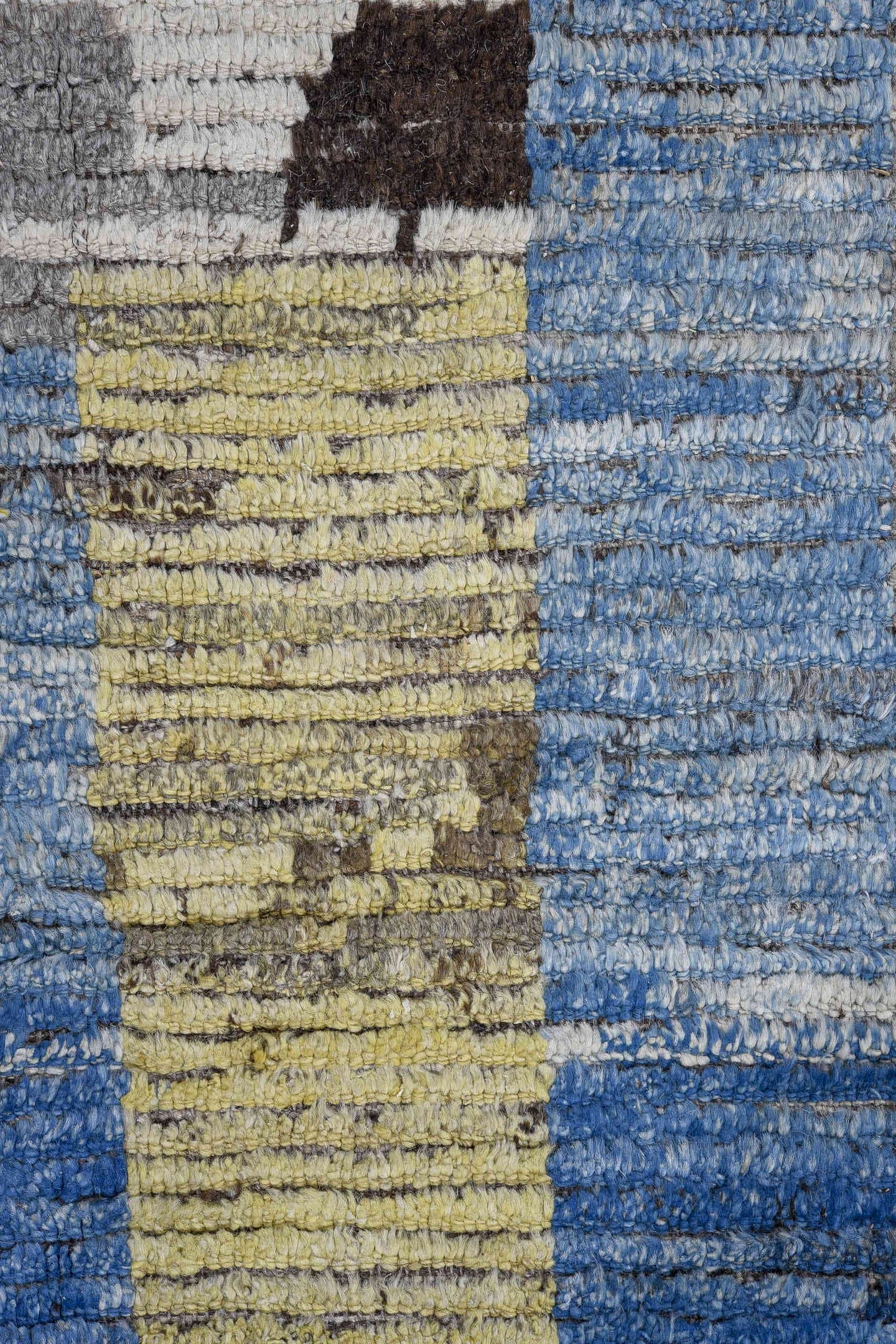14' x 16' one-of-a-kind handmade vintage Tulu oversize rug. Color palette: gray, blue, ivory, soft yellow, charcoal, white