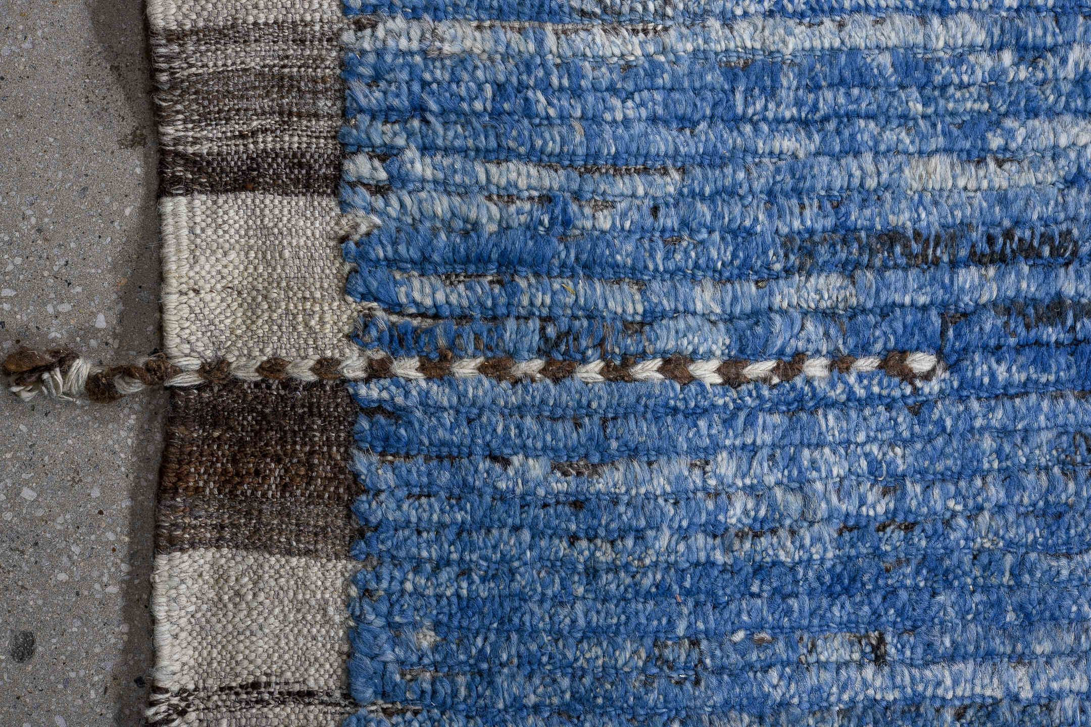 14' x 16' one-of-a-kind handmade vintage Tulu oversize rug. Color palette: gray, blue, ivory, soft yellow, charcoal, white