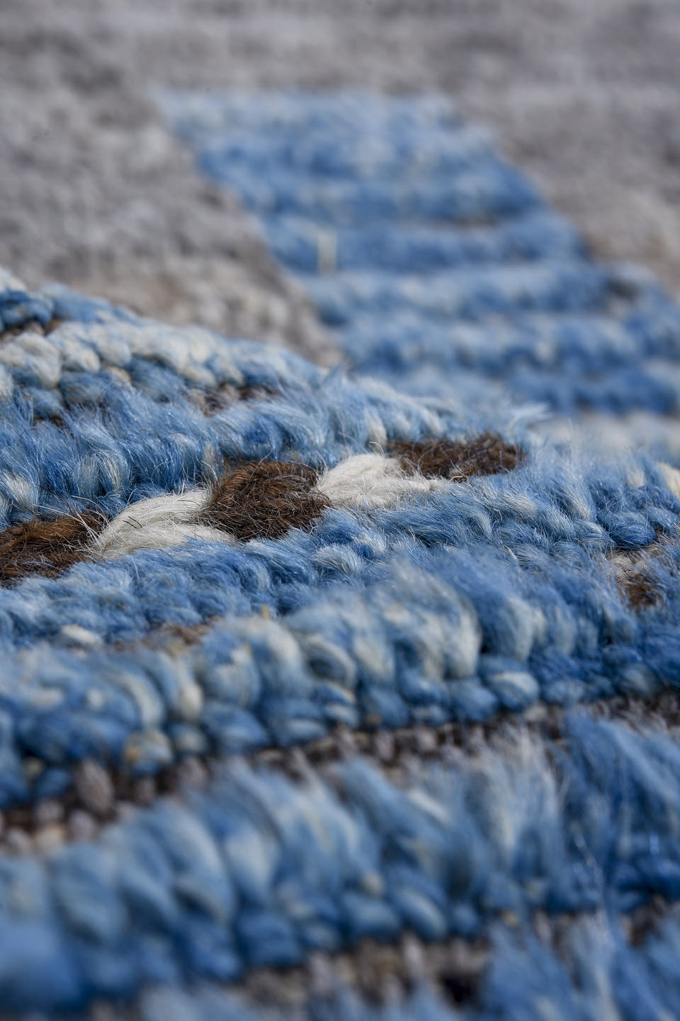 14' x 16' one-of-a-kind handmade vintage Tulu oversize rug. Color palette: gray, blue, ivory, soft yellow, charcoal, white