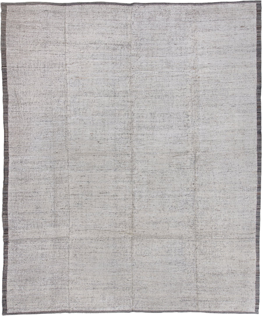 12' x 15' one-of-a-kind handmade vintage Tulu oversize rug. Color palette: ivory, charcoal, taupe, gray, black, beige