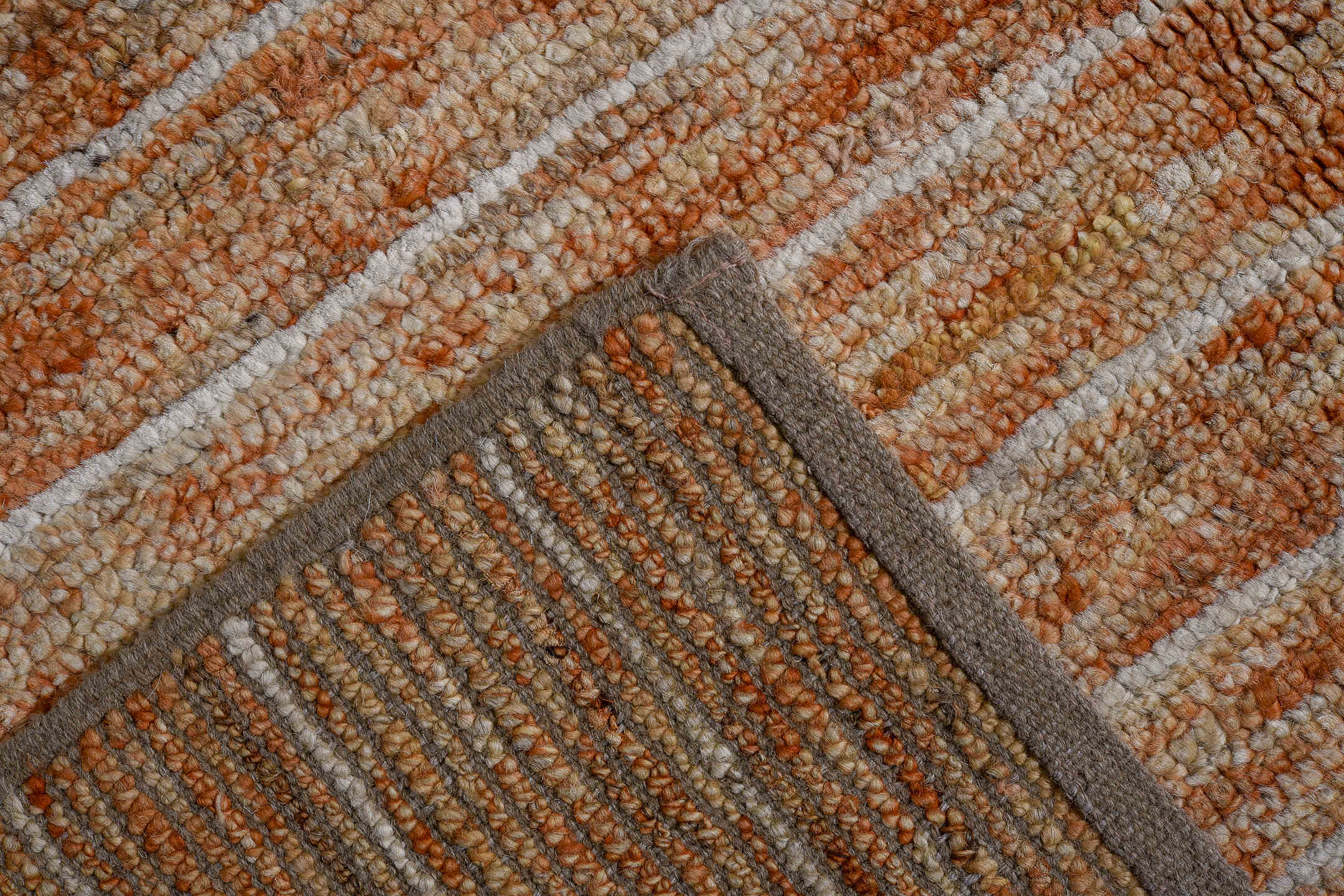9' x 11' one-of-a-kind handmade vintage Tulu large size rug. Color palette: ivory, camel, terra cotta, tan, taupe, brown