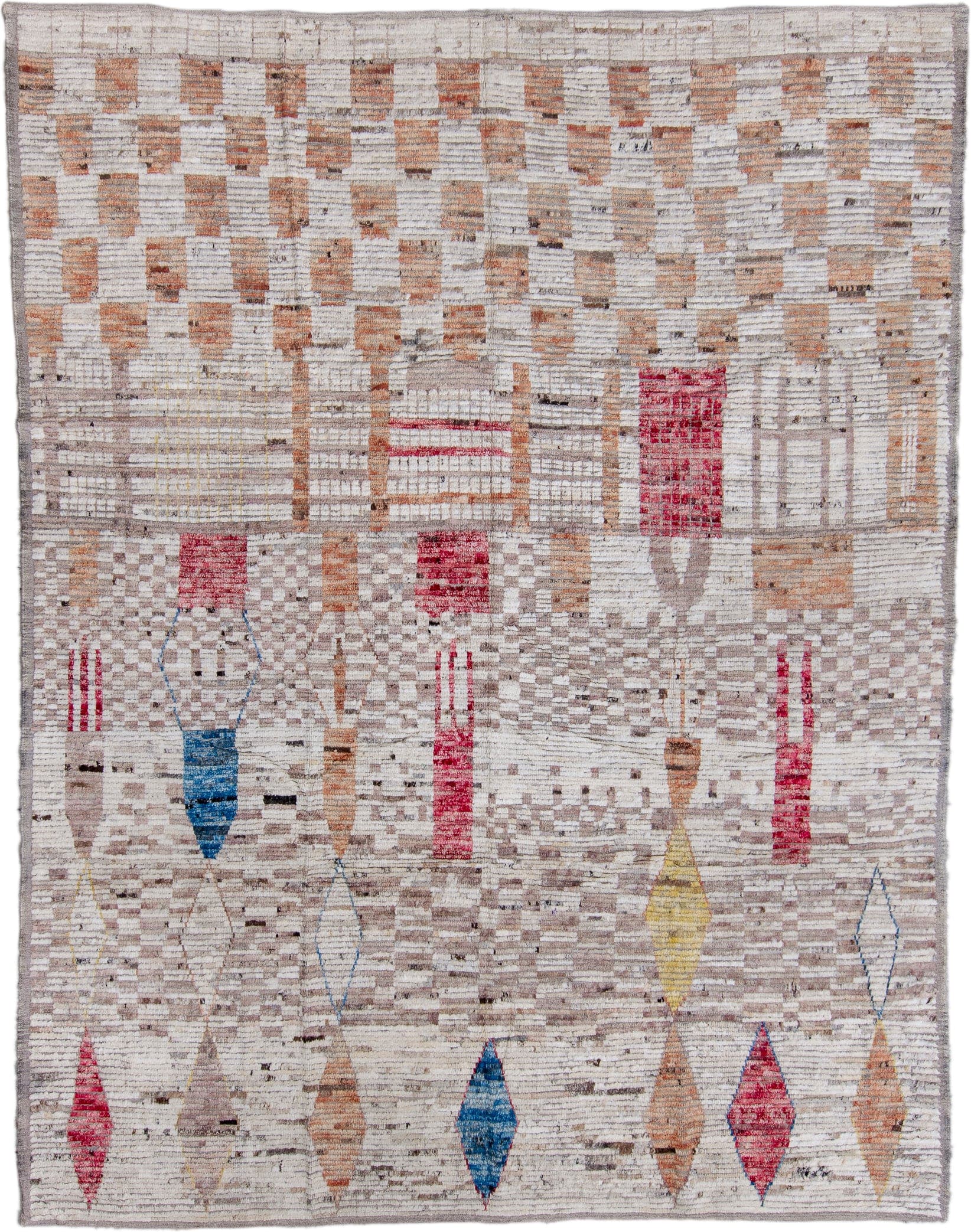 8' x 11' one-of-a-kind handmade vintage Tulu large size rug. Color palette: ivory, taupe, camel, rose, blue, yellow, gray