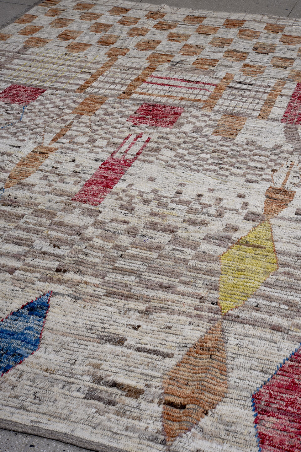 8' x 11' one-of-a-kind handmade vintage Tulu large size rug. Color palette: ivory, taupe, camel, rose, blue, yellow, gray