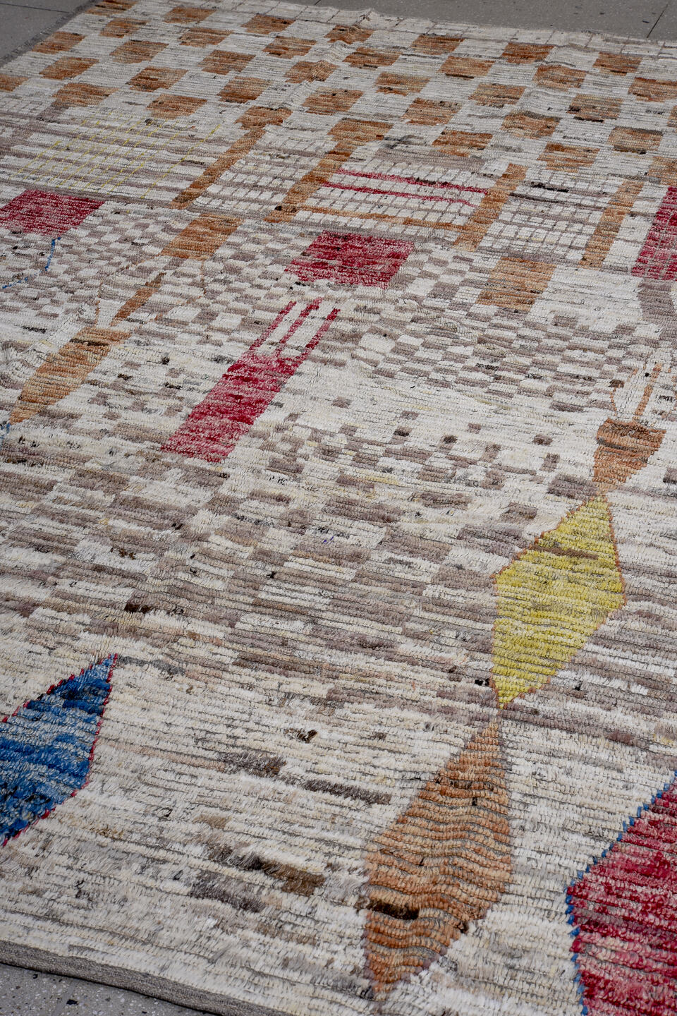 8' x 11' one-of-a-kind handmade vintage Tulu large size rug. Color palette: ivory, taupe, camel, rose, blue, yellow, gray
