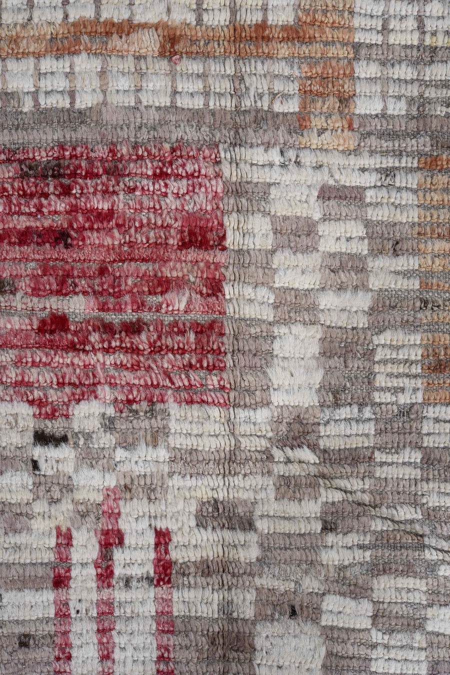 8' x 11' one-of-a-kind handmade vintage Tulu large size rug. Color palette: ivory, taupe, camel, rose, blue, yellow, gray