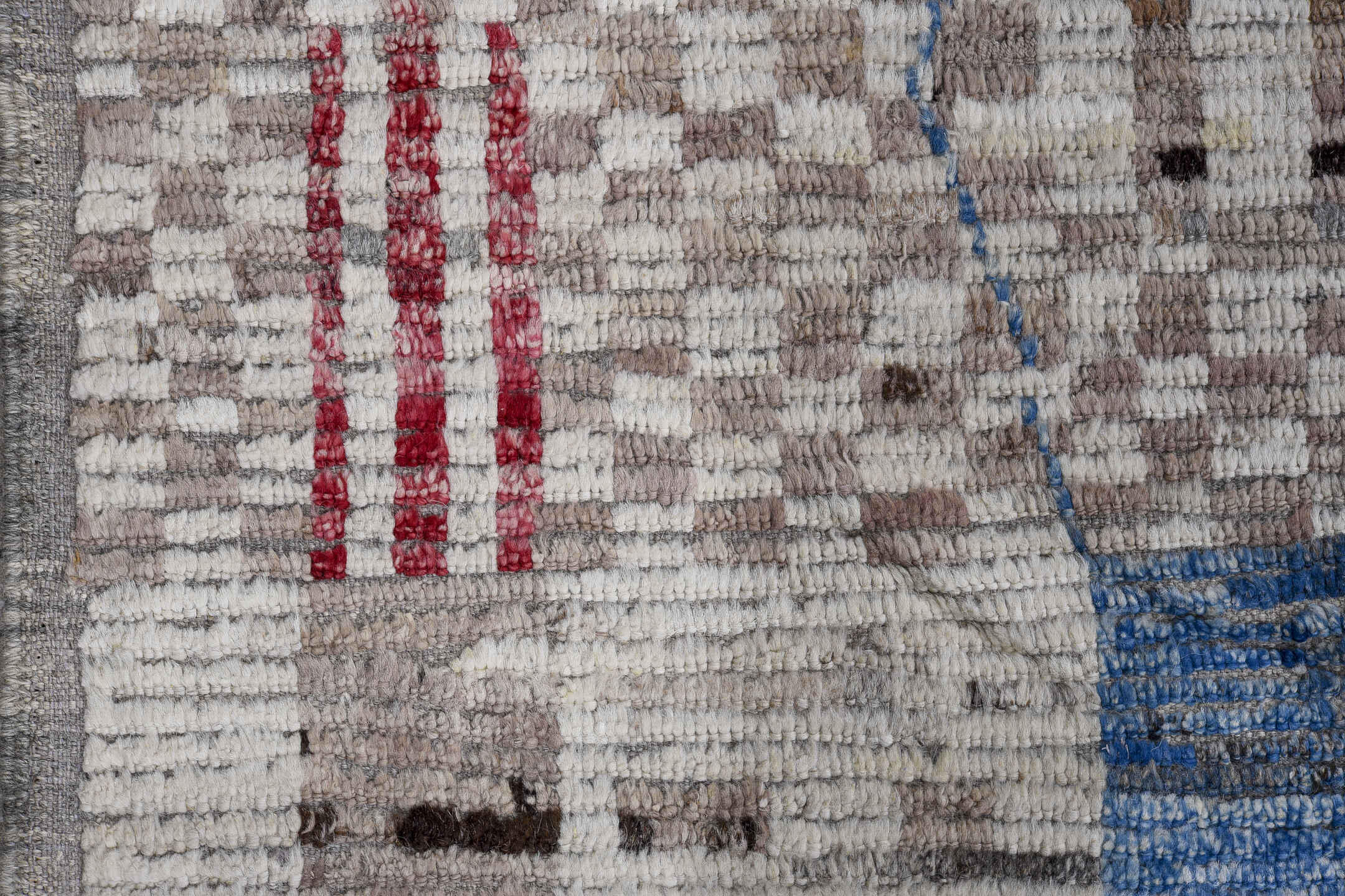 8' x 11' one-of-a-kind handmade vintage Tulu large size rug. Color palette: ivory, taupe, camel, rose, blue, yellow, gray