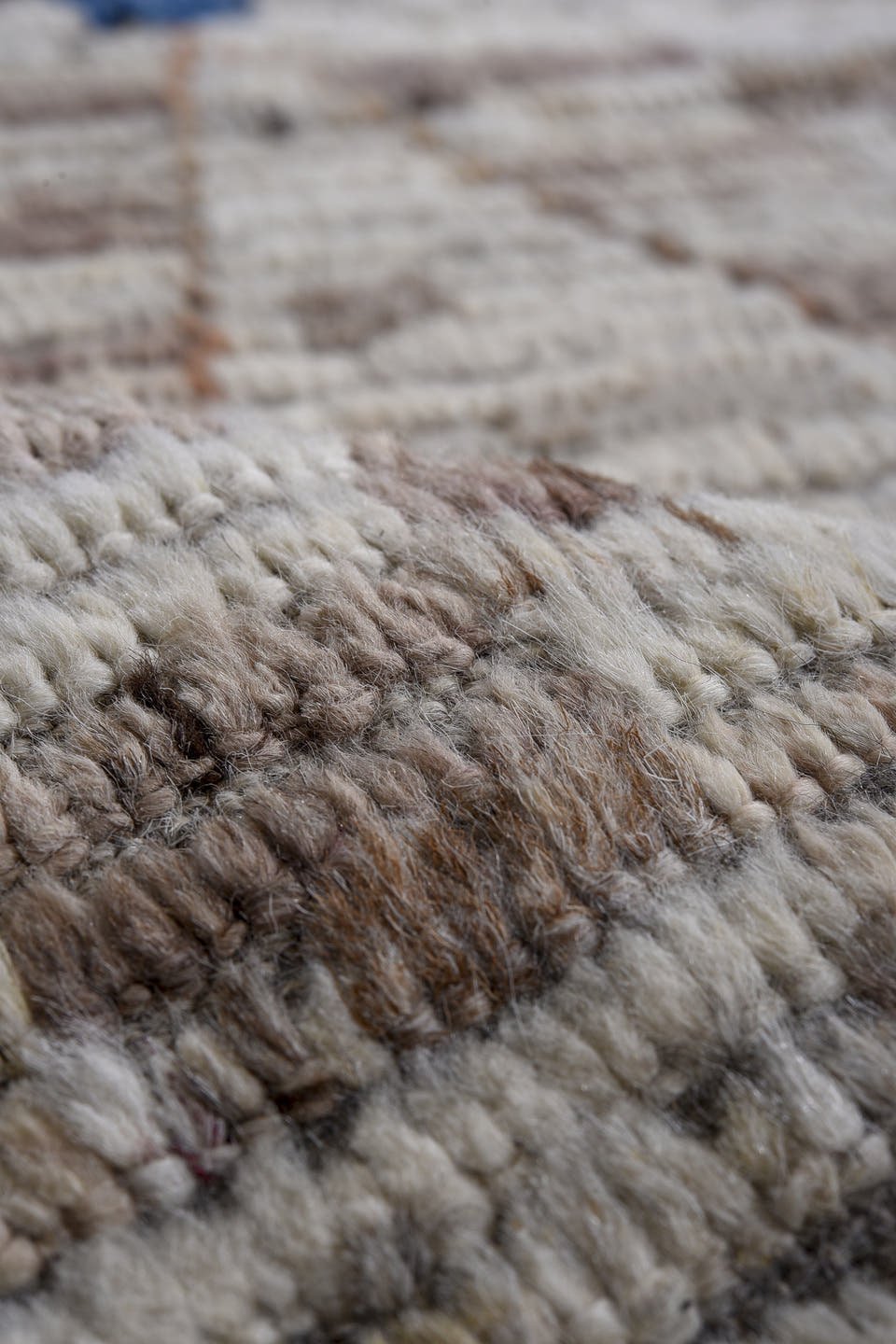 8' x 11' one-of-a-kind handmade vintage Tulu large size rug. Color palette: ivory, taupe, camel, rose, blue, yellow, gray