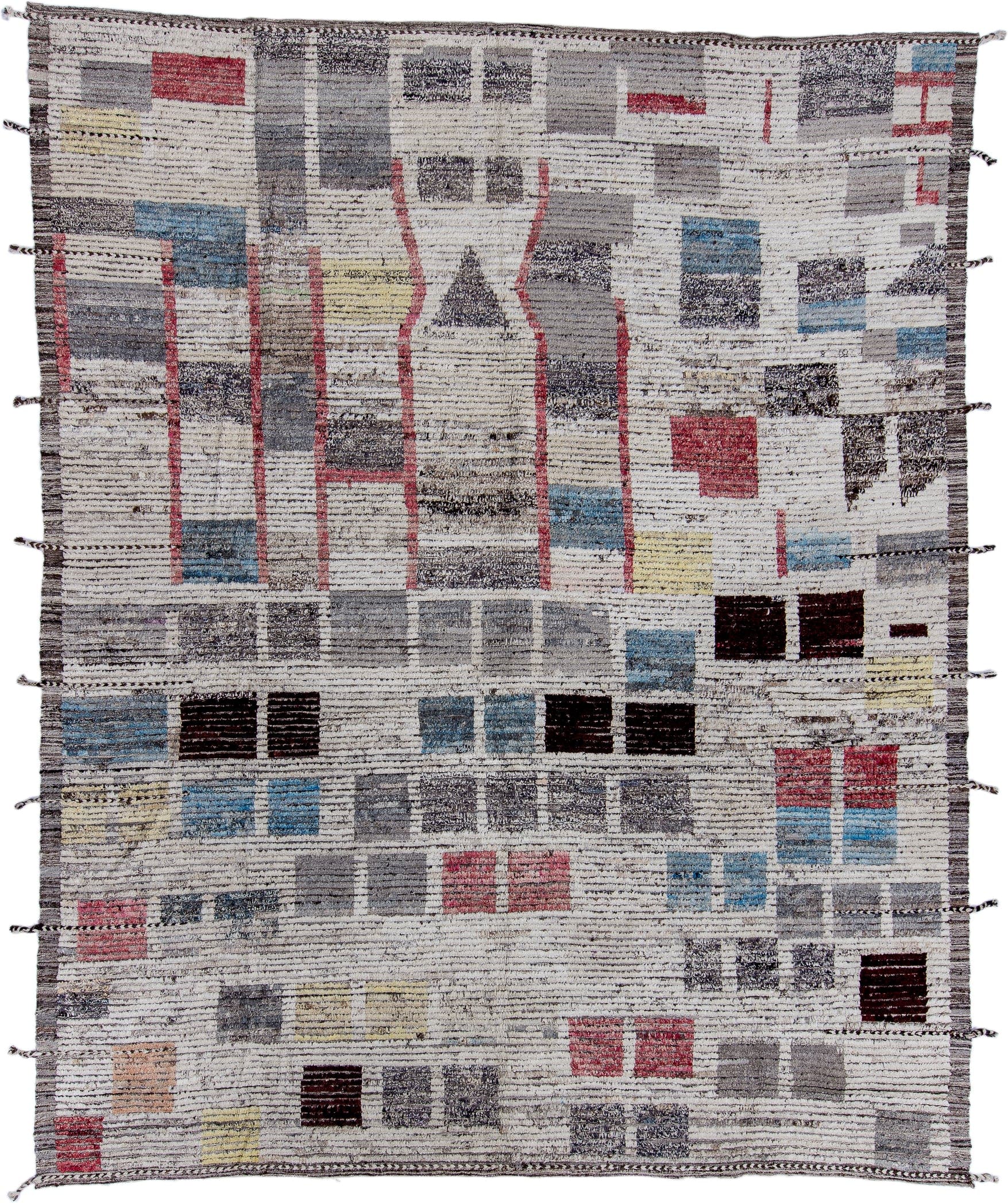 9' x 12' one-of-a-kind handmade vintage Tulu large size rug. Color palette: ivory, gray, charcoal, sky blue, burgundy, rose