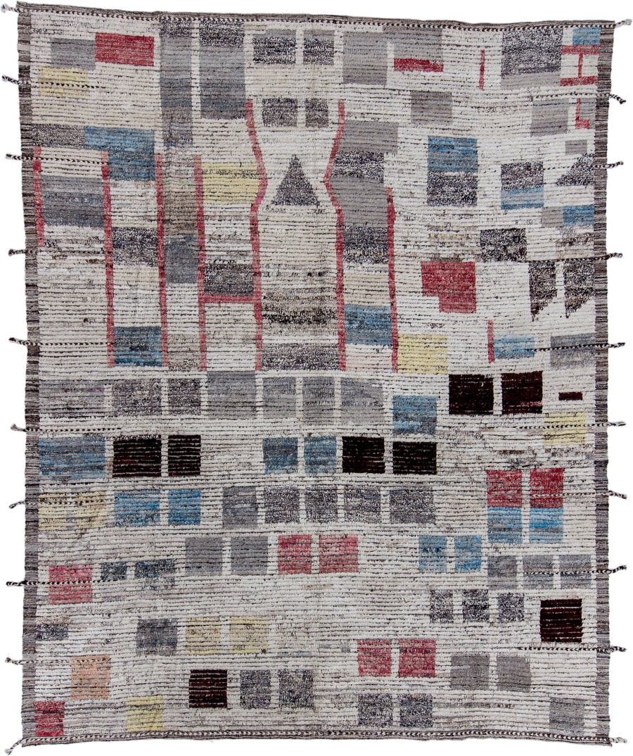 9' x 12' one-of-a-kind handmade vintage Tulu large size rug. Color palette: ivory, gray, charcoal, sky blue, burgundy, rose