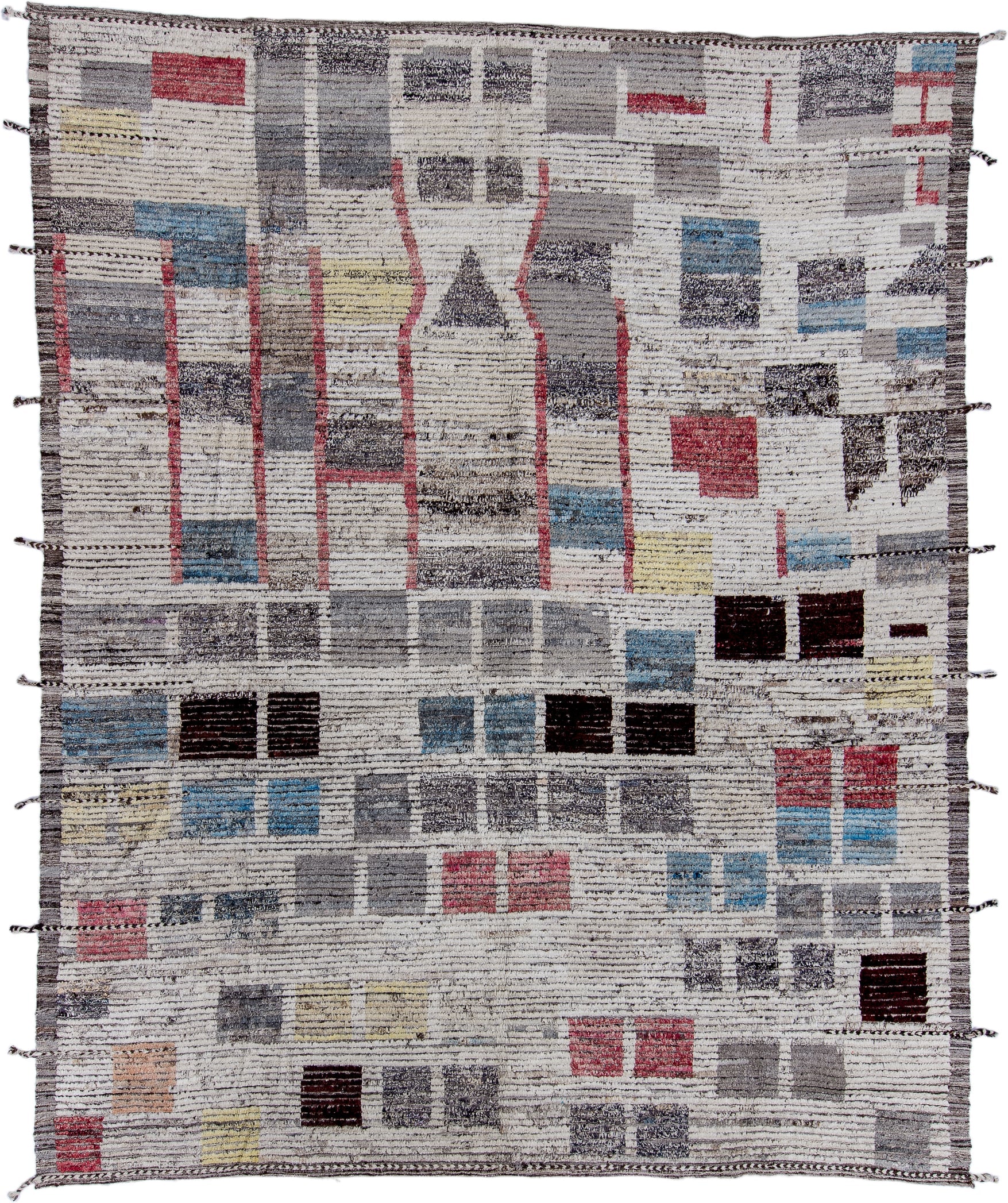 9' x 12' one-of-a-kind handmade vintage Tulu large size rug. Color palette: ivory, gray, charcoal, sky blue, burgundy, rose