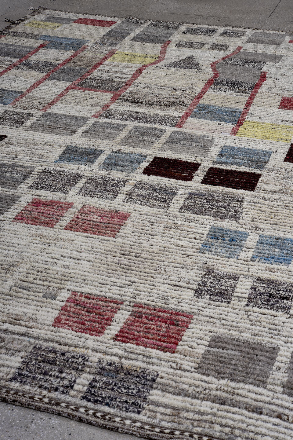 9' x 12' one-of-a-kind handmade vintage Tulu large size rug. Color palette: ivory, gray, charcoal, sky blue, burgundy, rose