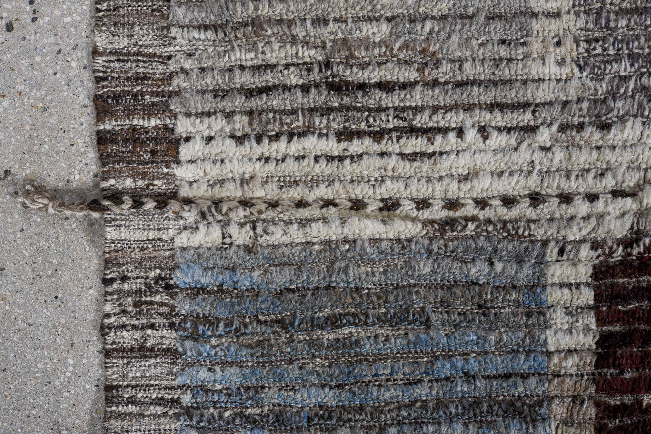 9' x 12' one-of-a-kind handmade vintage Tulu large size rug. Color palette: ivory, gray, charcoal, sky blue, burgundy, rose