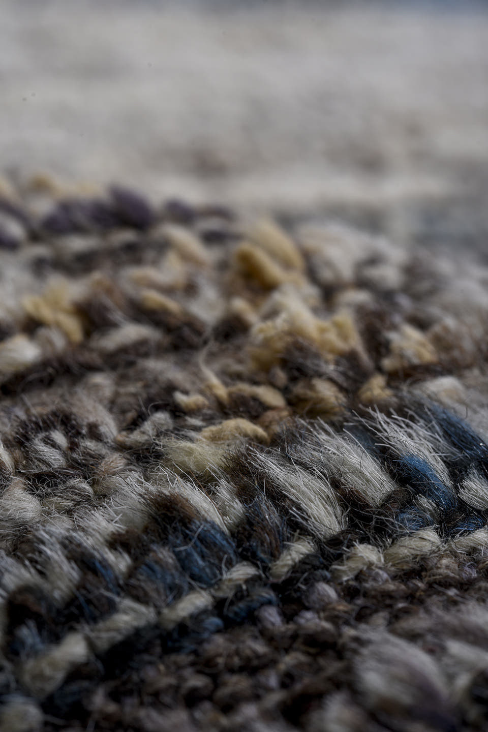 9' x 12' one-of-a-kind handmade vintage Tulu large size rug. Color palette: ivory, gray, charcoal, sky blue, burgundy, rose