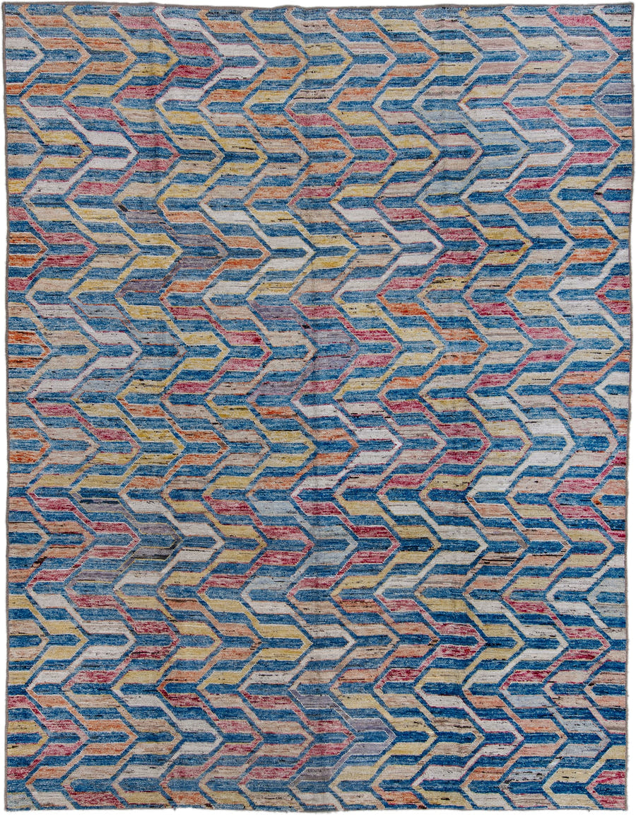 9' x 11' one-of-a-kind handmade vintage Tulu large size rug. Color palette: sky blue, ivory, rose, gold, rust, slate