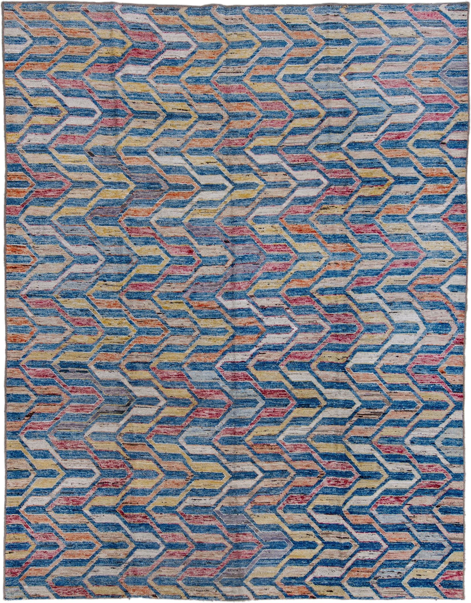 9' x 11' one-of-a-kind handmade vintage Tulu large size rug. Color palette: sky blue, ivory, rose, gold, rust, slate