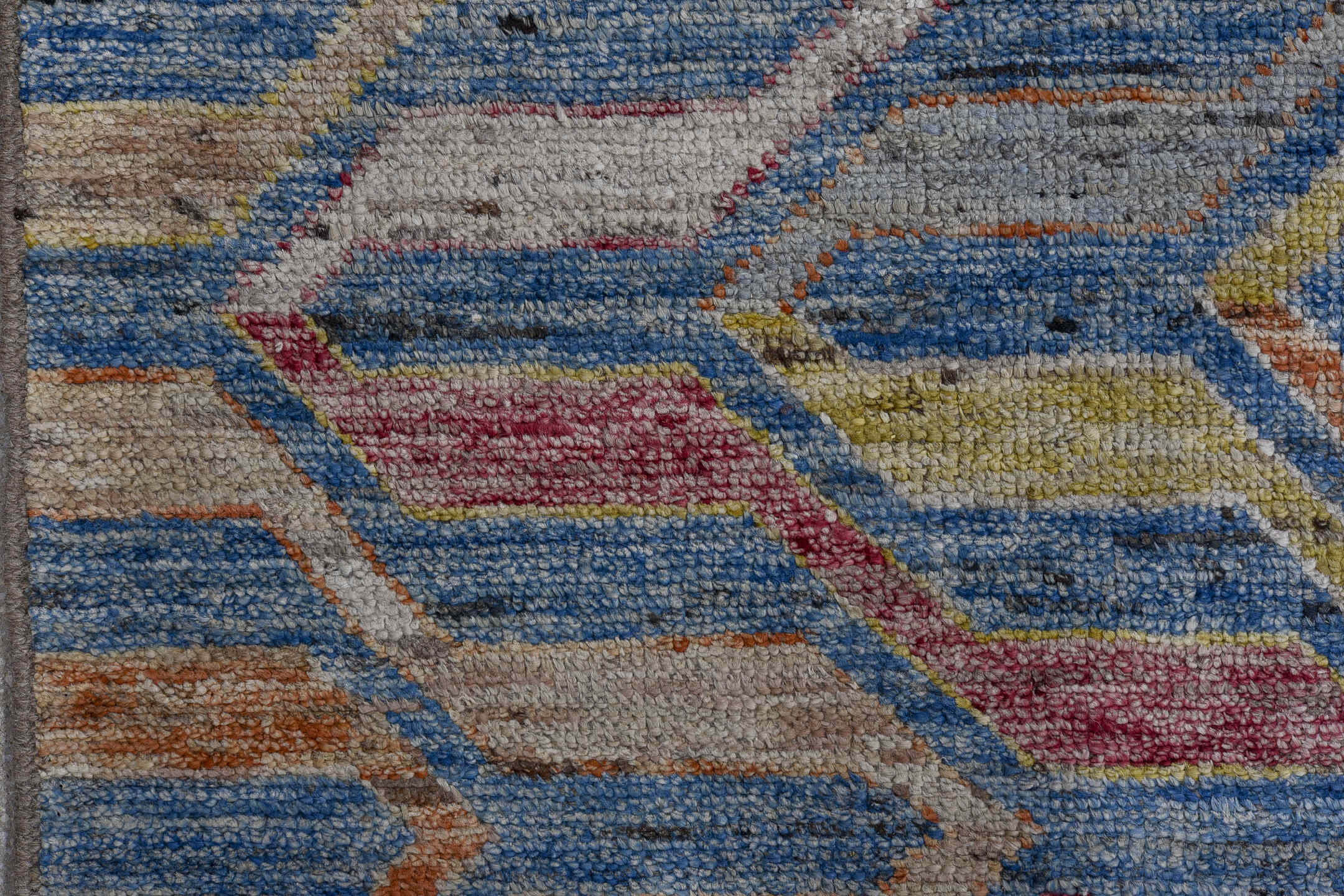 9' x 11' one-of-a-kind handmade vintage Tulu large size rug. Color palette: sky blue, ivory, rose, gold, rust, slate