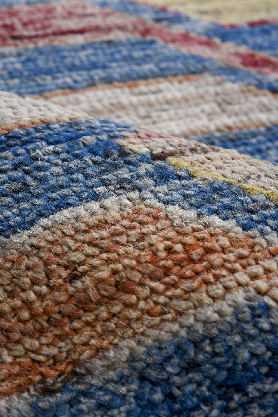 9' x 11' one-of-a-kind handmade vintage Tulu large size rug. Color palette: sky blue, ivory, rose, gold, rust, slate