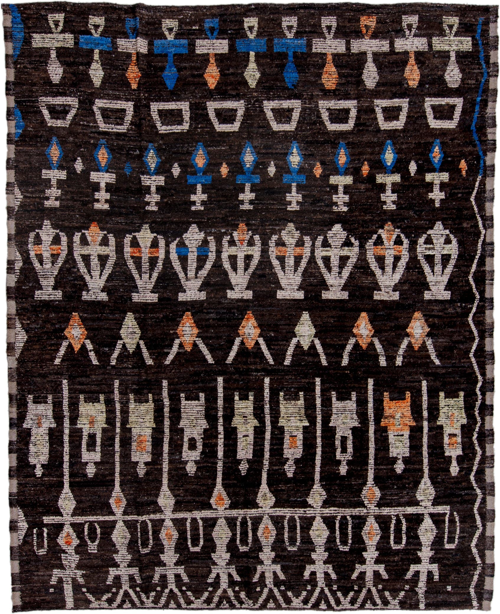 9' x 11' one-of-a-kind handmade vintage Tulu large size rug. Color palette: charcoal, ivory, cobalt, rust, taupe, gray