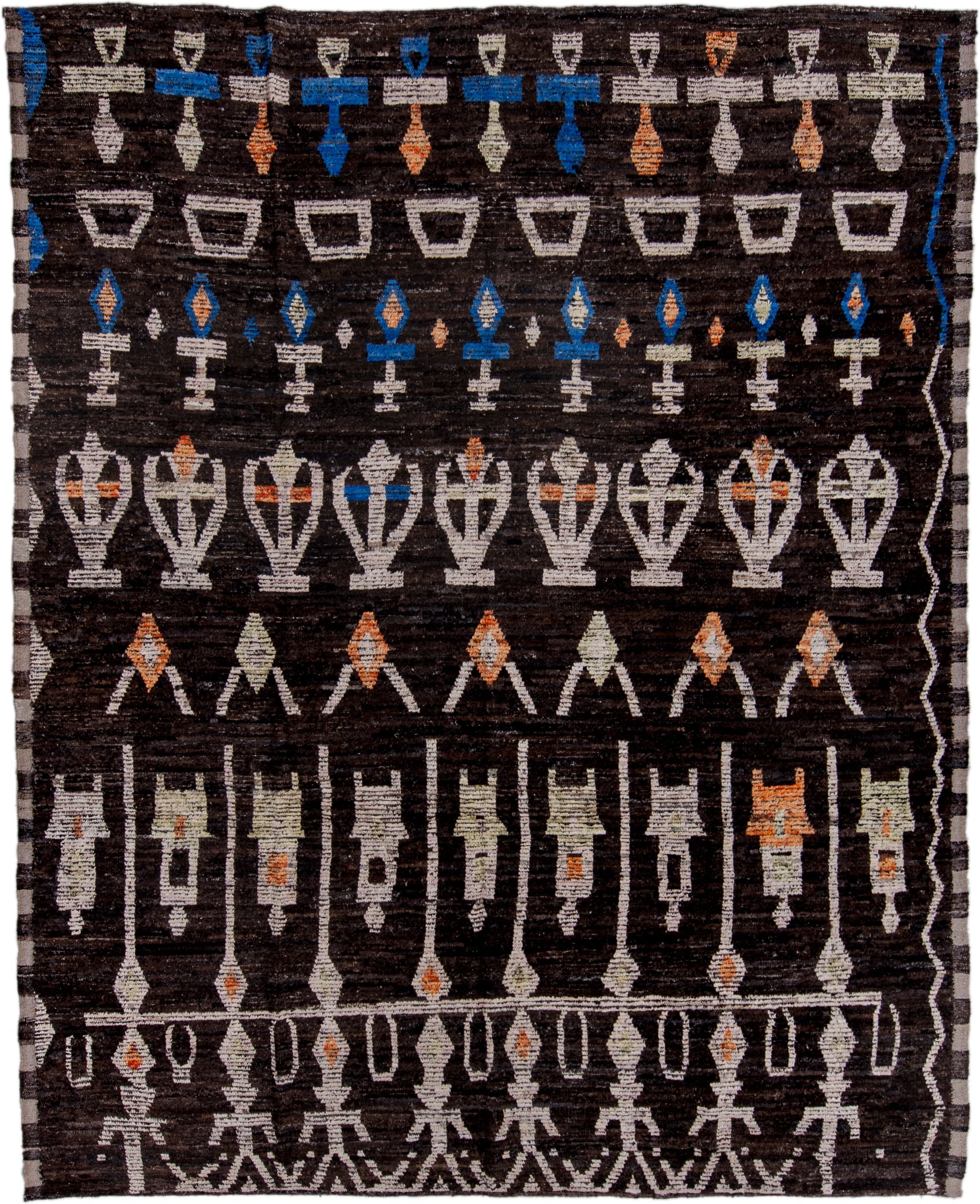 9' x 11' one-of-a-kind handmade vintage Tulu large size rug. Color palette: charcoal, ivory, cobalt, rust, taupe, gray